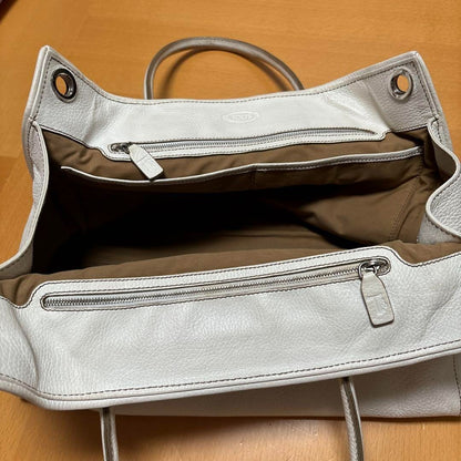 Used TOD'S Handbag Tote Bag Shoulder bag White Leather Logo embossed Japan F/S