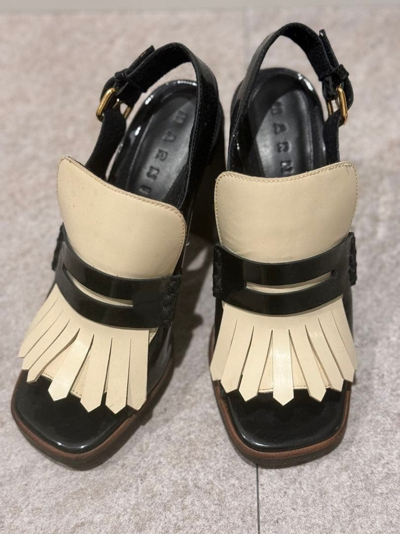 Auth MARNI fringe sandals Shoes Size EU 38 US8 Leather Black White Logo Women