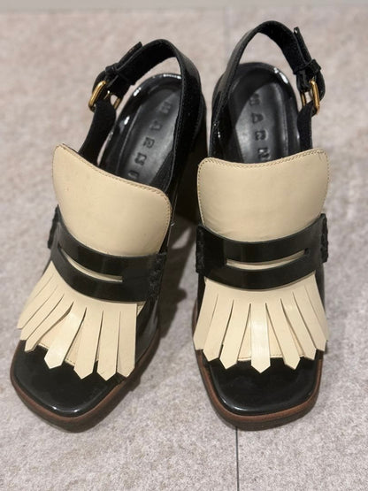 Auth MARNI fringe sandals Shoes Size EU 38 US8 Leather Black White Logo Women