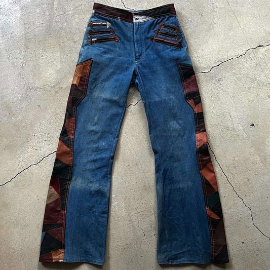 60S-70S Aura Vintage Patchwork Leather Bell Bottom/Jeans Denim Boot Cut East Wai