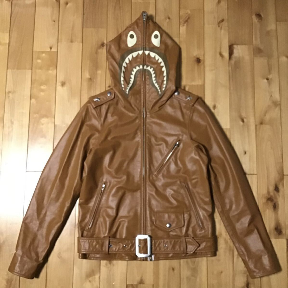 BAPE cowhide leather Shark full zip hoodie jacket A Bathing Ape Size M
