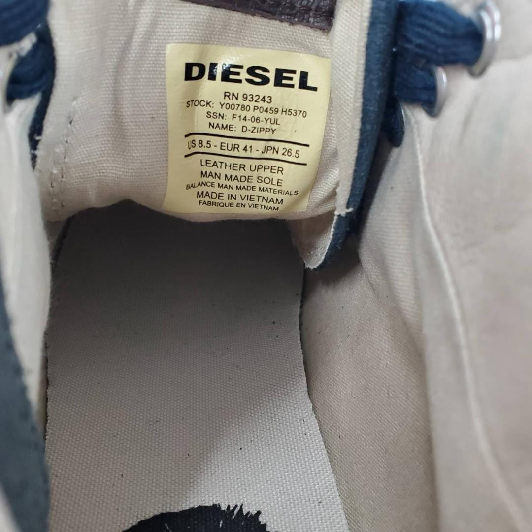 Diesel Men 8.5US Side Zip Lace Up High Cut Sneakers Navy Brown Almost unused ITA