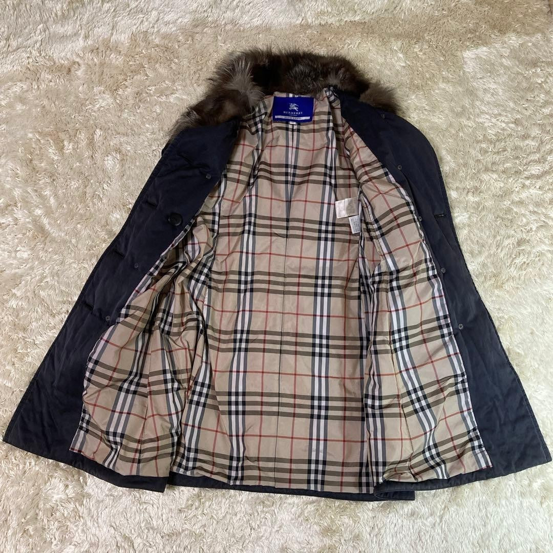 Burberry Blue Label Flare Trench Coat Nova Check Fox Fur Trim Size 38 #EK BBA