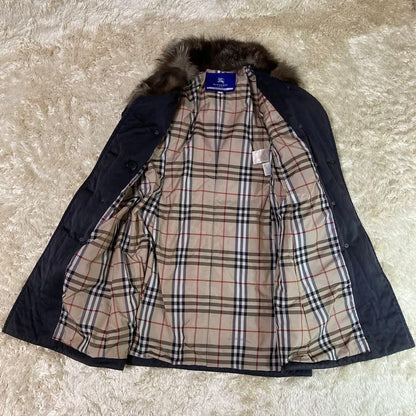 Burberry Blue Label Flare Trench Coat Nova Check Fox Fur Trim Size 38 #EK BBA