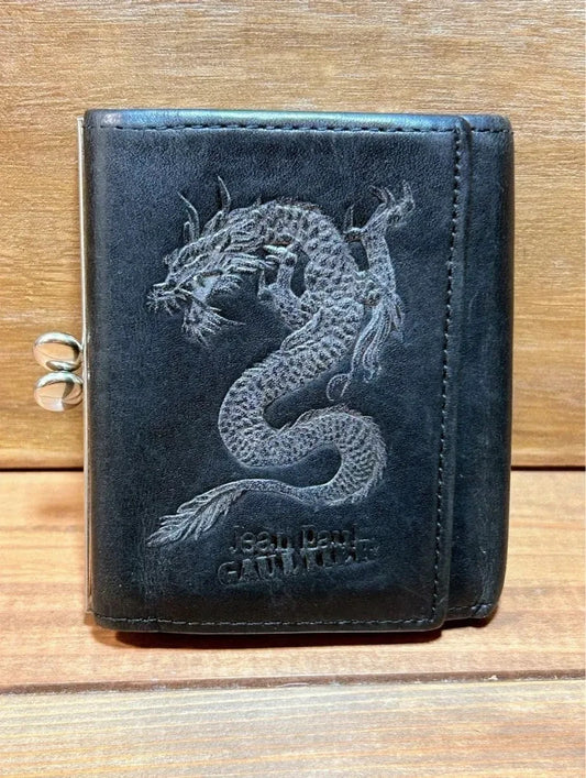 Jean Paul Gaultier Dragon Rare Black Leather Trifold Wallet Clasp Closure Men JP