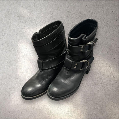 Diesel Women 5.5US Engineer Boots Genuine Leather Double Belt Biker Boots Luxury