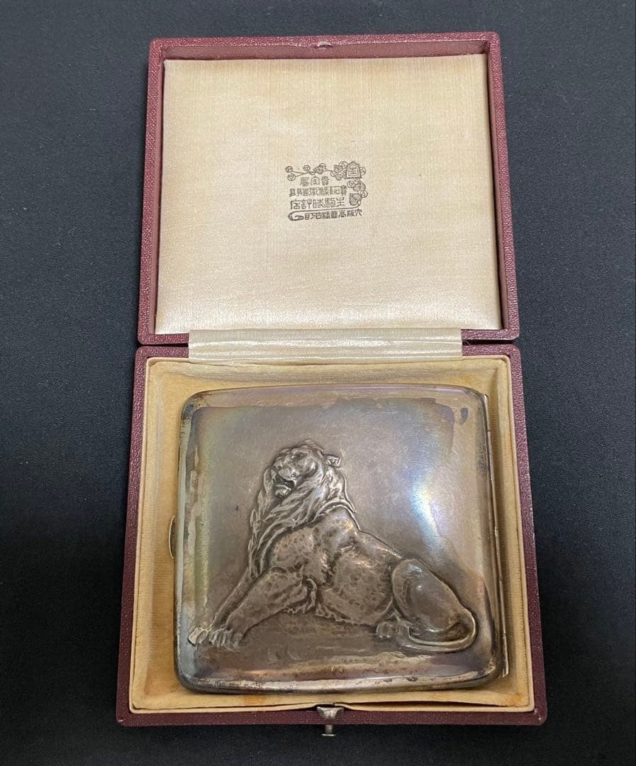 Silver Cigarette Case Lion Design 92.5 Sterling Silver 7.7x8.2cm Used From Japan
