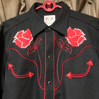 H Bar C Western Shirt XL Black 1980s Vintage with Embroidery