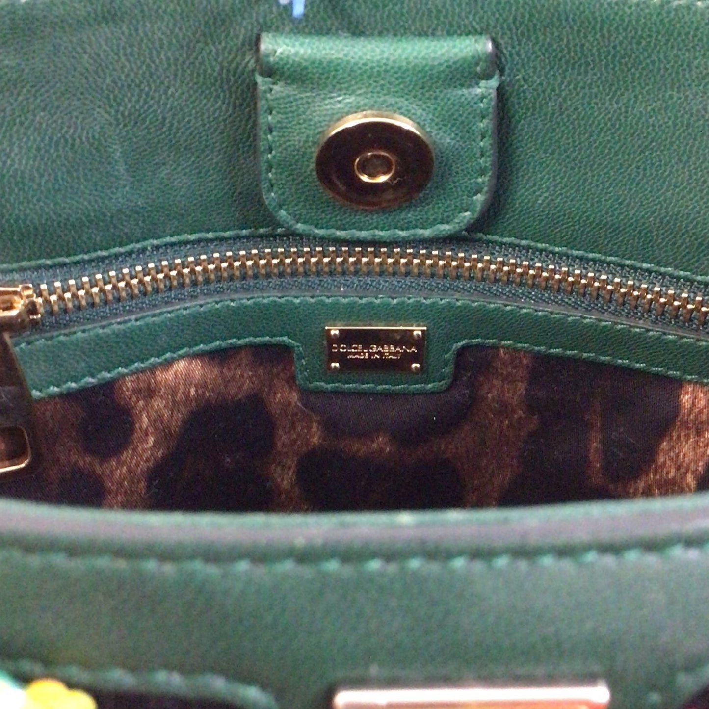 DOLCE & GABBANA Fringe Bucket Tote Bag Leather Green MultiColor DG Logo Women
