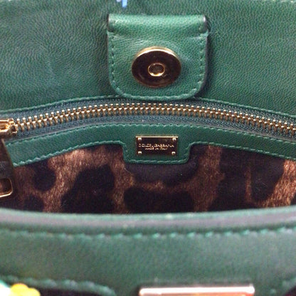 DOLCE & GABBANA Fringe Bucket Tote Bag Leather Green MultiColor DG Logo Women