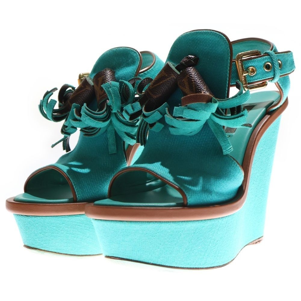 Louis Vuitton Blue Fringe Wedge Monogram Sandals Women’s Shoes US5 EU35 w/Box