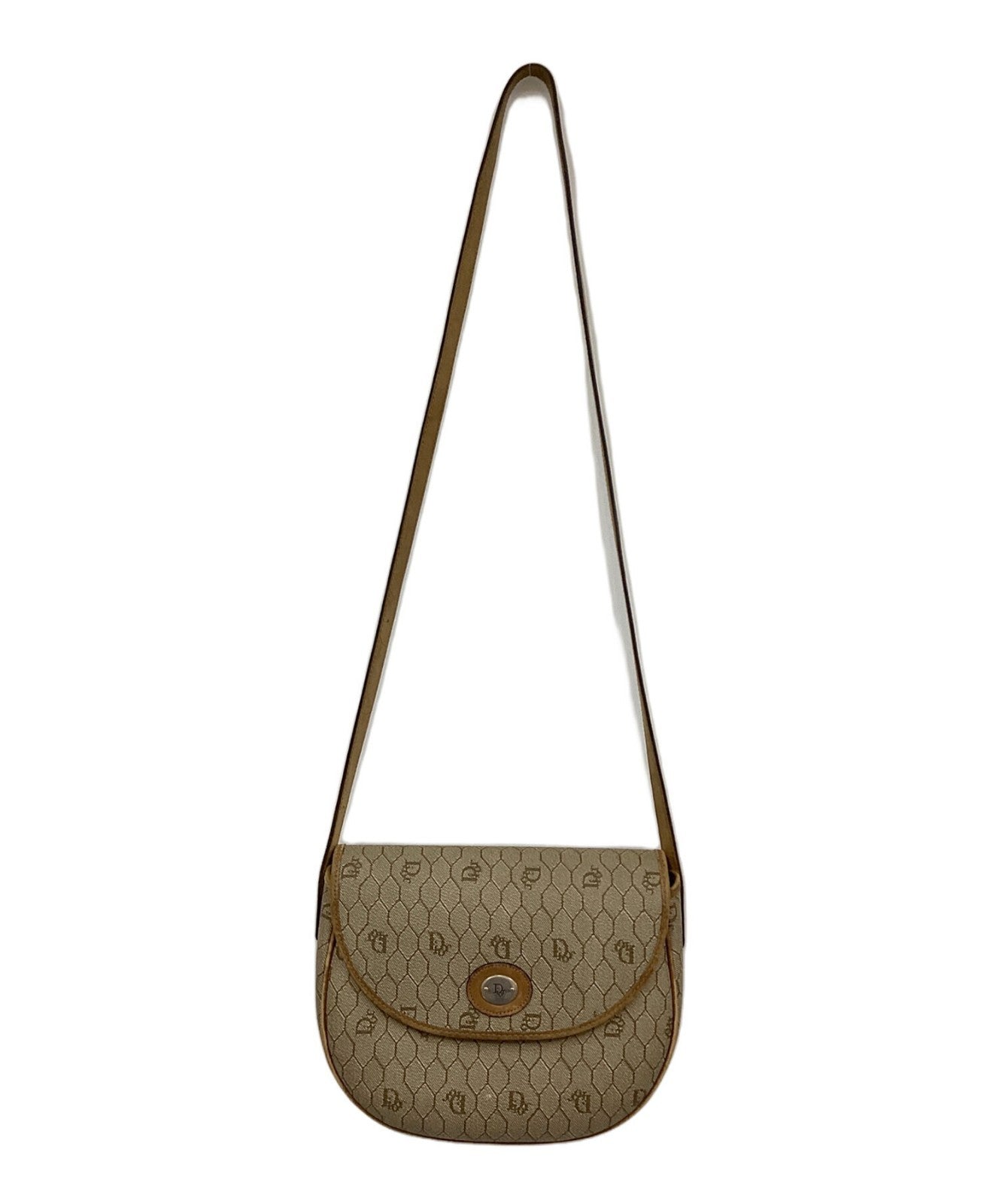 Dior Honeycomb Shoulder Crossbody Bag Beige Canvas Leather Vintage Auth 115534