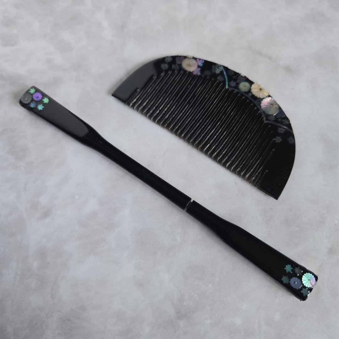Japanese Hairpin, Comb, Black Lacquer, Mother-Of-Pearl, Hair Ornament, , N5, , C
