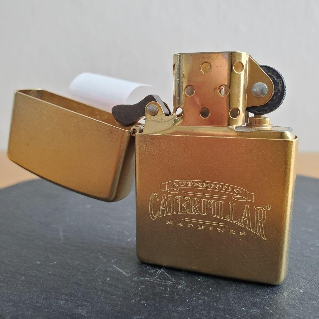 CAT Caterpillar Authentic Machines Brass Gold Zippo Oil Lighter 2005 MIB Rare