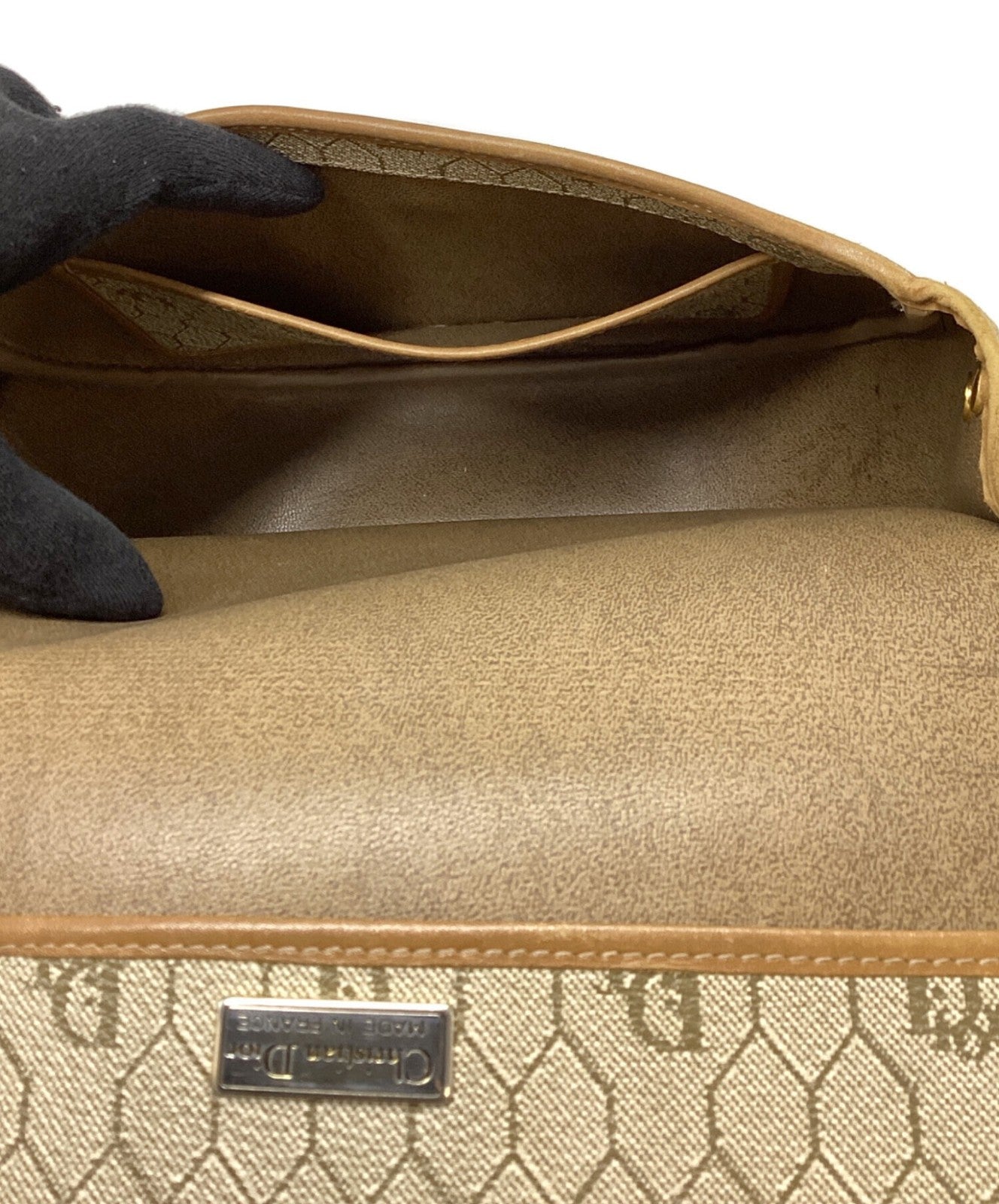 Dior Honeycomb Shoulder Crossbody Bag Beige Canvas Leather Vintage Auth 115534