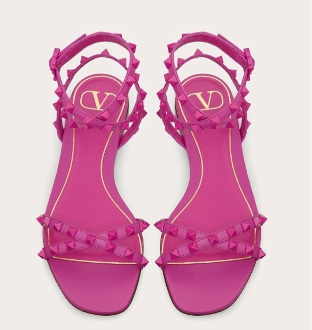 VALENTINO Rockstud Flair Nappa Leather Flat Sandals Pink Used Studded Strap