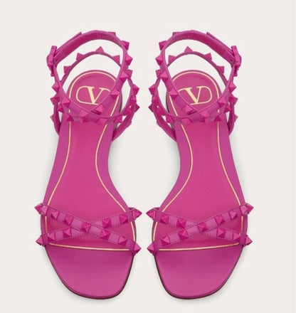 VALENTINO Rockstud Flair Nappa Leather Flat Sandals Pink Used Studded Strap