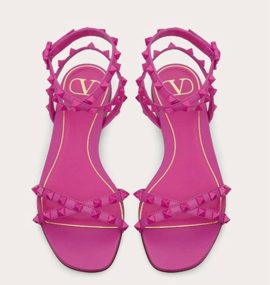 VALENTINO Rockstud Flair Nappa Leather Flat Sandals Pink Used Studded Strap