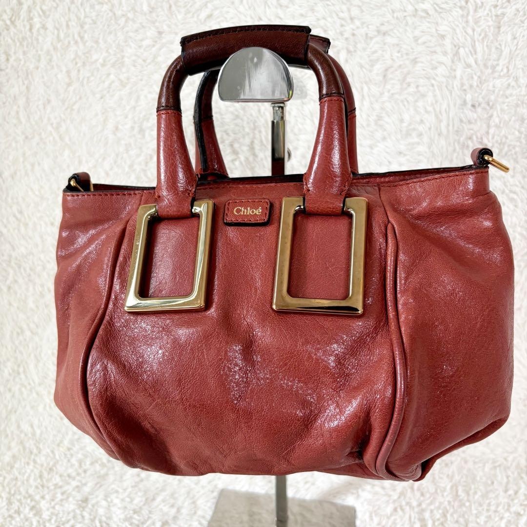 Chloe Ethel Handbag Red Orange Leather Logo Plate Top Handle No Strap Authentic