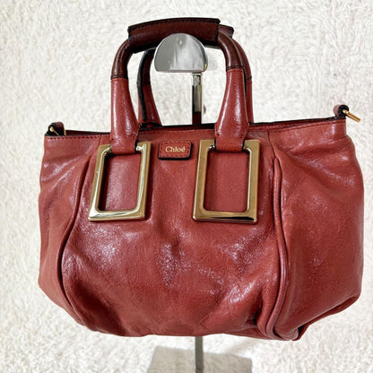 Chloe Ethel Handbag Red Orange Leather Logo Plate Top Handle No Strap Authentic