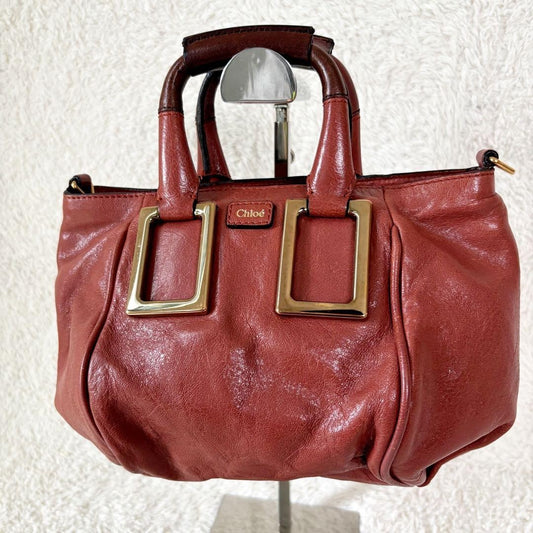 Chloe Ethel Handbag Red Orange Leather Logo Plate Top Handle No Strap Authentic
