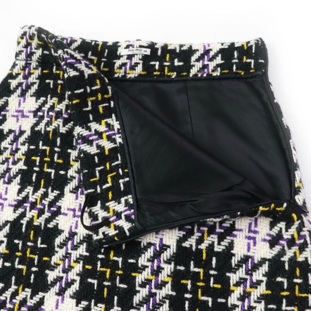 Miu Miu Tweed Trapezoid Skirt Black White Check Pattern Wool 100% Size 38 Italy