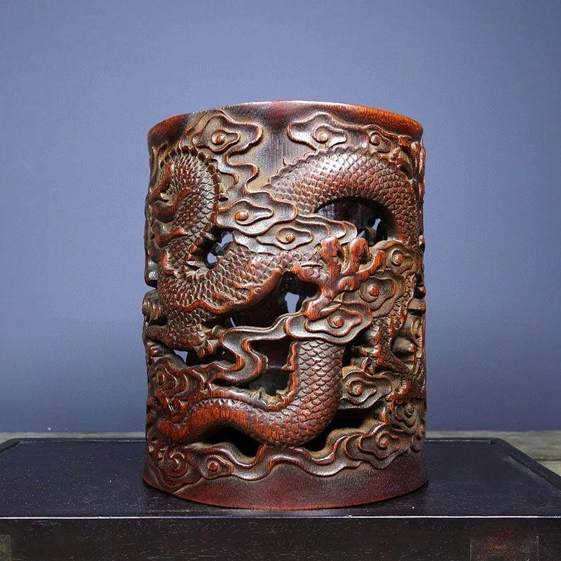 Bamboo Carving Ryuho Pencil Case Calligraphy Tool Stationery Crafts Art Ornament