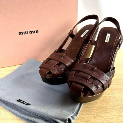Rare Miu Miu Brown Leather Wedge Sandals 38.5 EU Beautiful Condition