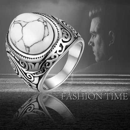 Turquoise signet ring, stainless steel ring, fashion accessory, white, silver