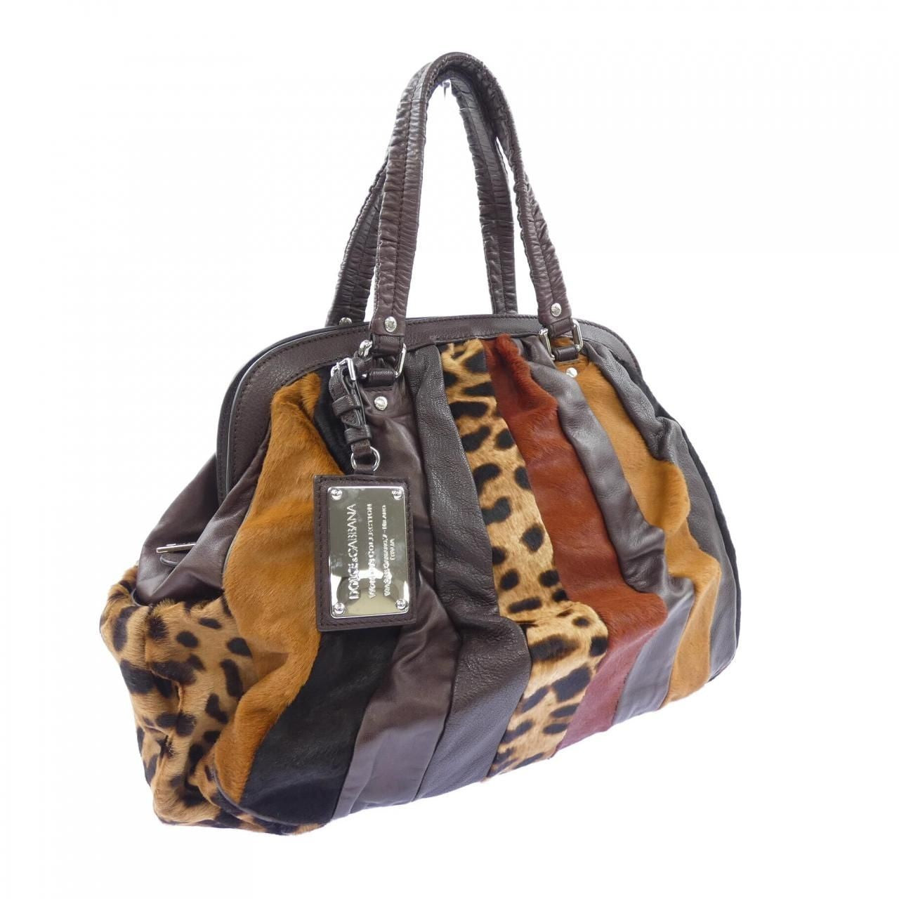 DOLCE&GABBANA Hair Leather Leopard Patchwork Bag Brown Multi Authentic
