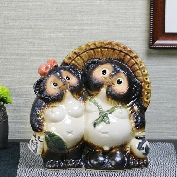 Shigaraki Couple Raccoon Dog Tanuki Pottery Pair Japanese Good Luck Statue NEW