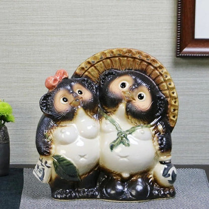 Shigaraki Couple Raccoon Dog Tanuki Pottery Pair Japanese Good Luck Statue NEW