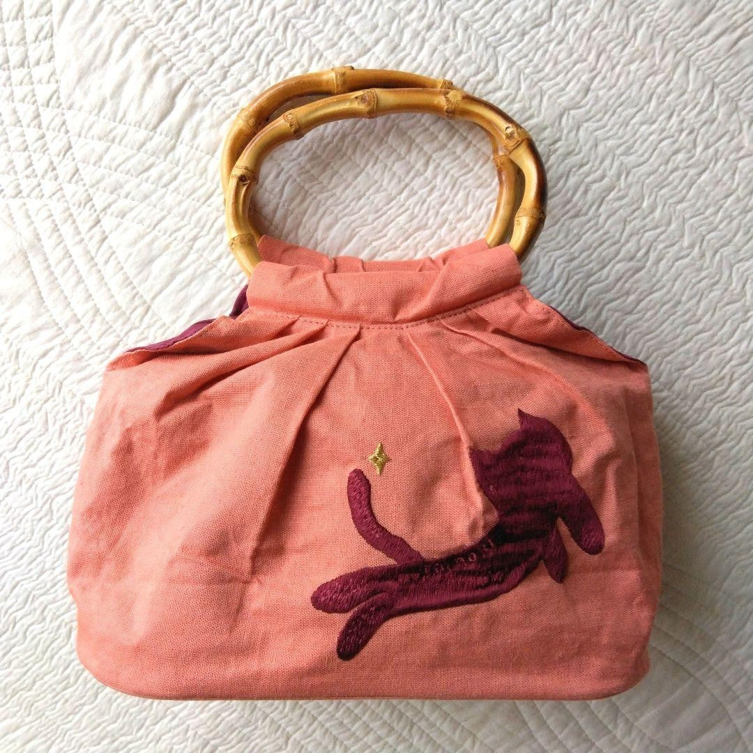 Tsumori Chisato Bag Cat Embroidery Hemp Bamboo Pre-owned free ship