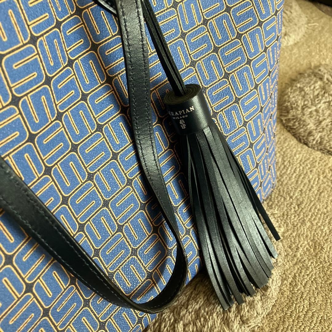 Serapian Milano Tote Shoulder Bag w/Tassel in Blue Black USED Good Cond From JPN