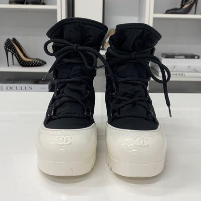 CHANEL nylon patent lace-up short Boots Bootie Shoes Women Size 35 COCO MARK