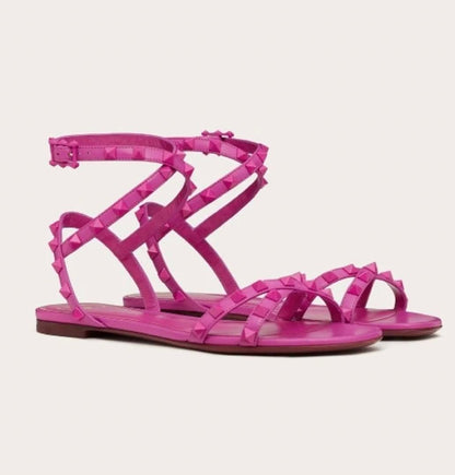 VALENTINO Rockstud Flair Nappa Leather Flat Sandals Pink Used Studded Strap