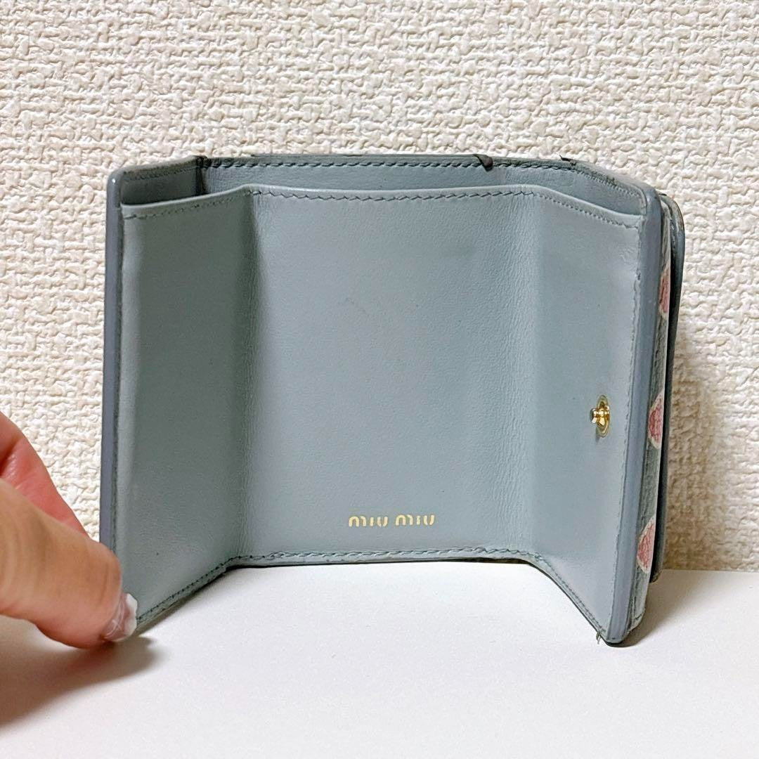 Miu Miu Trifold Wallet Logo Hardware Heart Leather Light Blue Luxury Limited Edi
