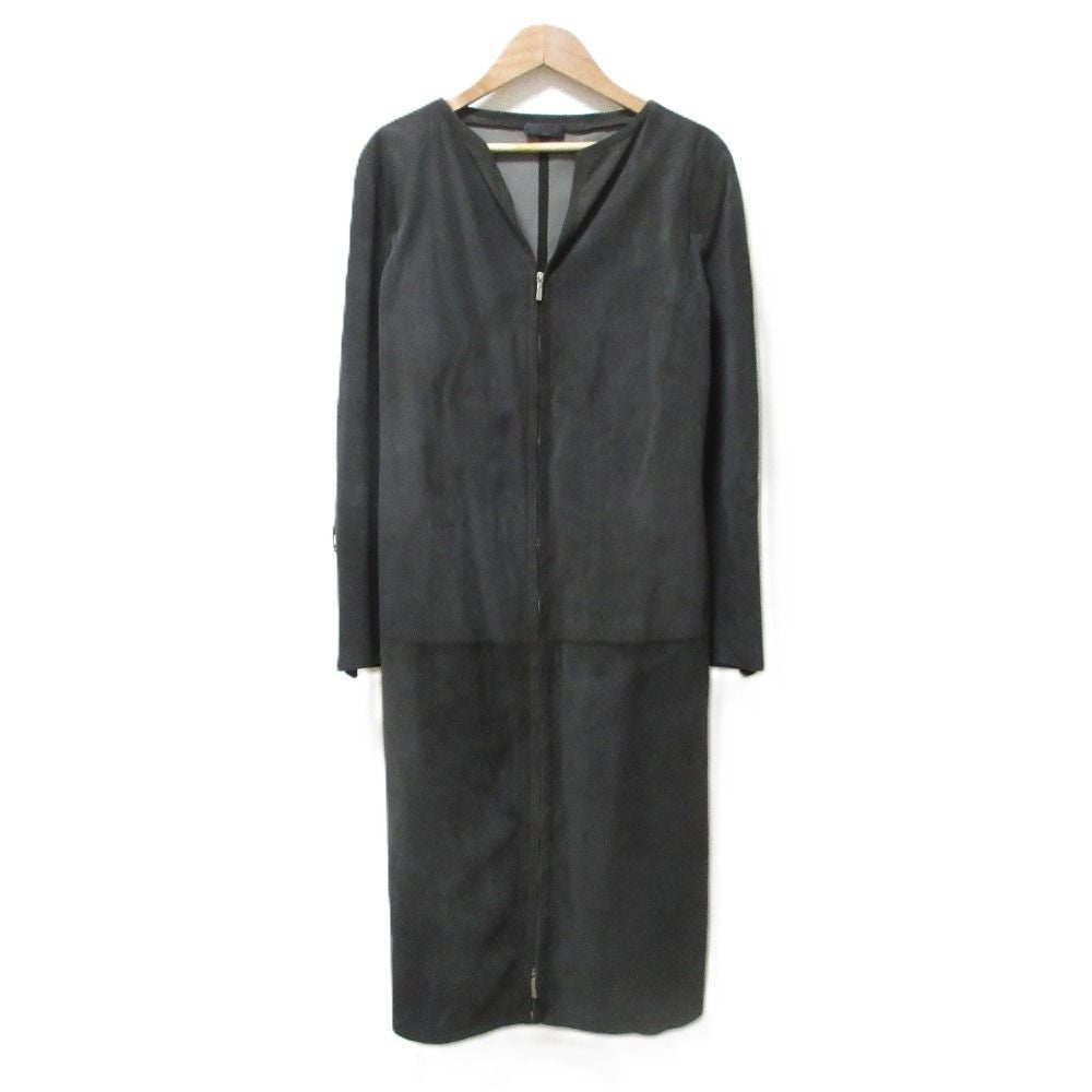 LOEWE Vintage Leather Double Zip Long Coat No Collar Charcoal Gray Women USED