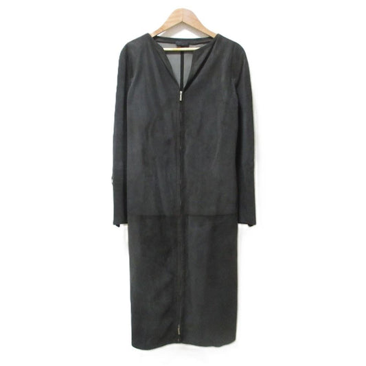 LOEWE Vintage Leather Double Zip Long Coat No Collar Charcoal Gray Women USED