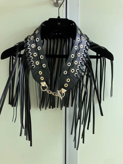 SONIA Rykiel Fringe Metal Eyelet Design Belt Black Leather Rare Almost Unused