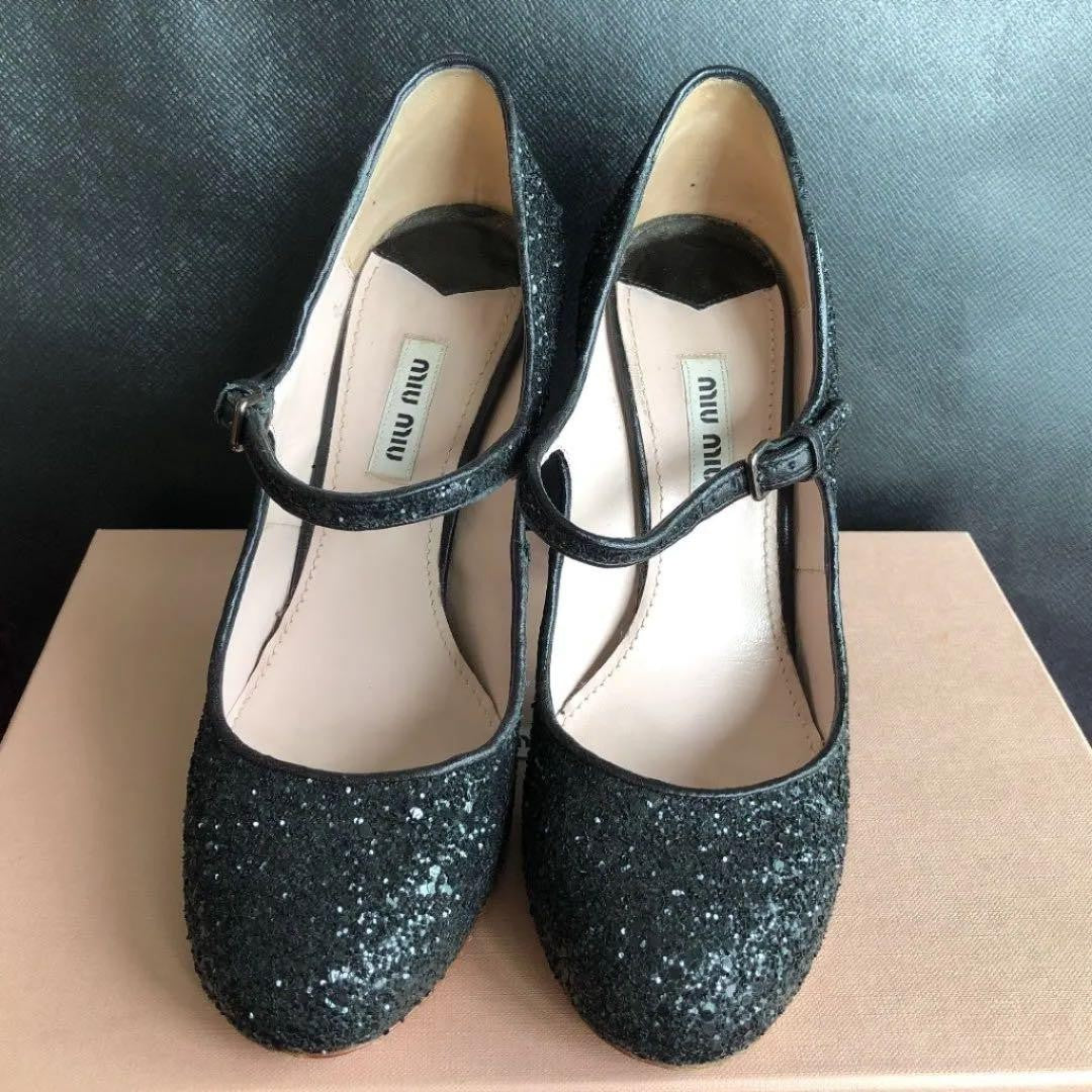 Rare Miu Miu Glitter Heels Black Silver 11cm Chunky Heel Size 37 EU Italy Luxury