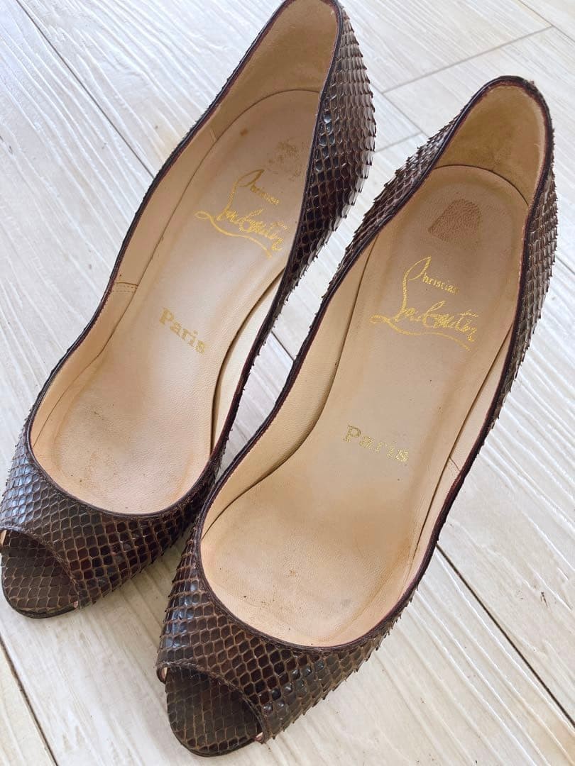Christian Louboutin Open Toe Python Pumps Size 35 (US 5) Brown Designer Heels