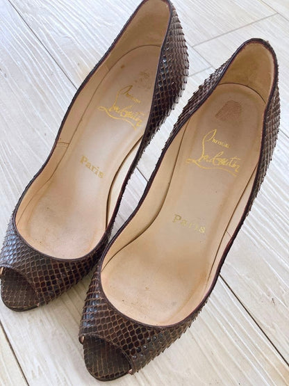 Christian Louboutin Open Toe Python Pumps Size 35 (US 5) Brown Designer Heels