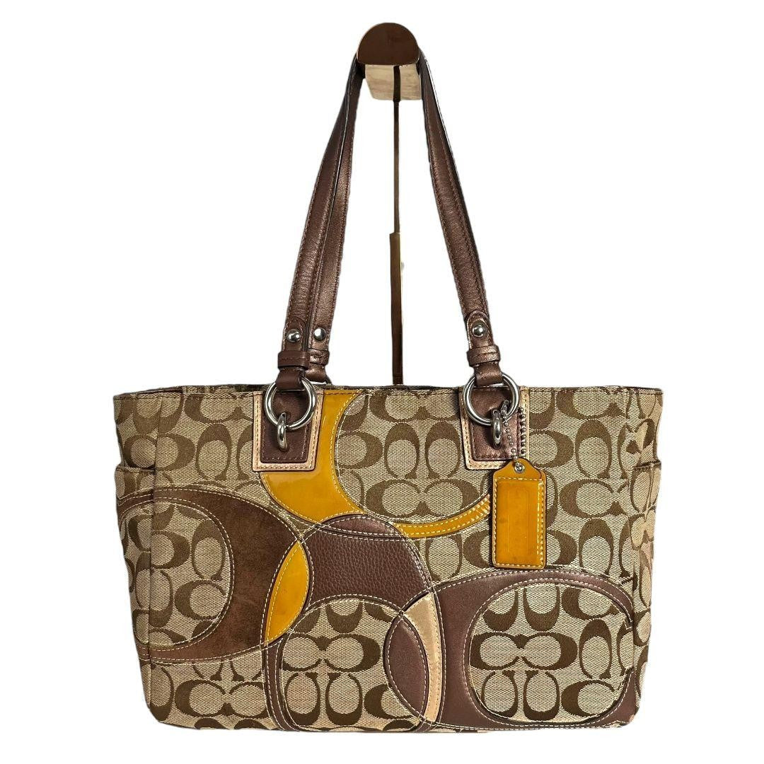 Coach Brown Signature Canvas Leather Patchwork Tote Bag with Silver Hardware