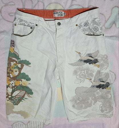 Karakuri Tamashii Men's Denim Jeans Half Pants Crane Embroidered White Size 36