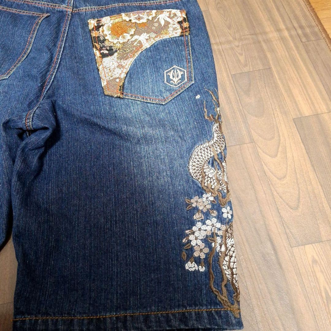Kacho Fugetsu Men's Denim Jeans Half Pants Dragon Embroidered Blue Size 40