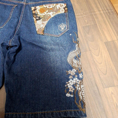 Kacho Fugetsu Men's Denim Jeans Half Pants Dragon Embroidered Blue Size 40