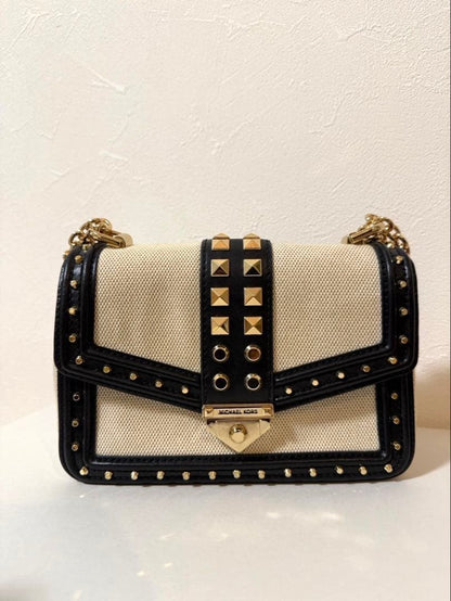 Michael Kors SOHO Studded Shoulder Bag Beige Black Canvas Women's FROM JAPAN
