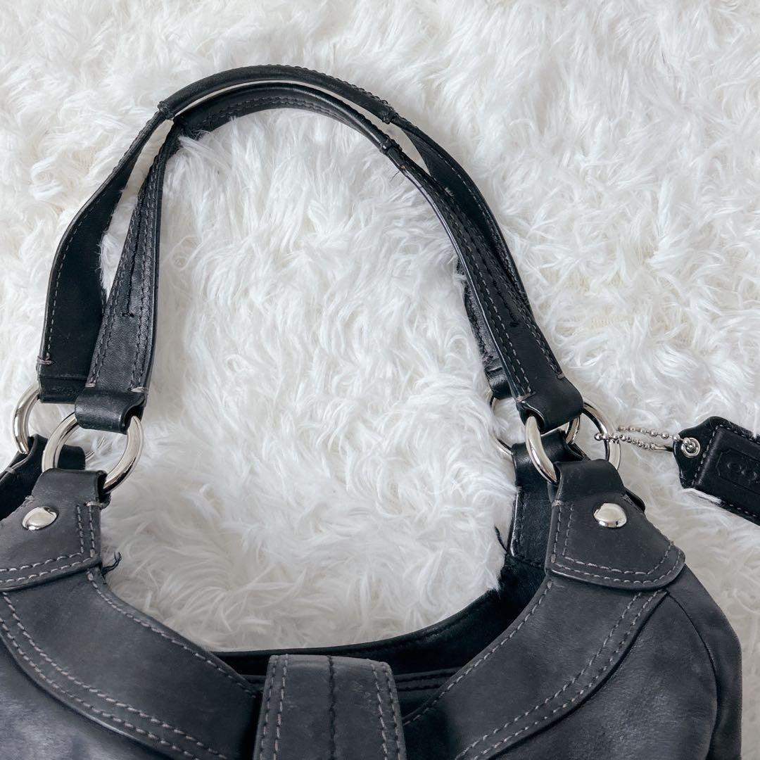 COACH Soho Hobo Tote Bag Black Leather Shoulder Buckle Silver Auth