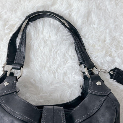 COACH Soho Hobo Tote Bag Black Leather Shoulder Buckle Silver Auth